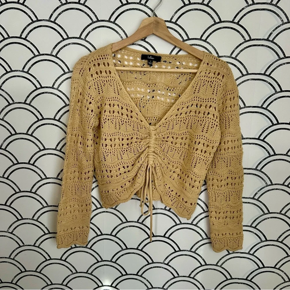 Lulus Only Yours Beige Sheer Crochet Ruched Sweater Top Small - Picture 3 of 7